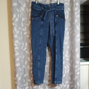 Sezane Women's High-Rise Belted Dark Blue Button Up Jeans size EU 42